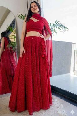 Red Georgette Chikankari Lehenga Blouse Duppatta Set 3