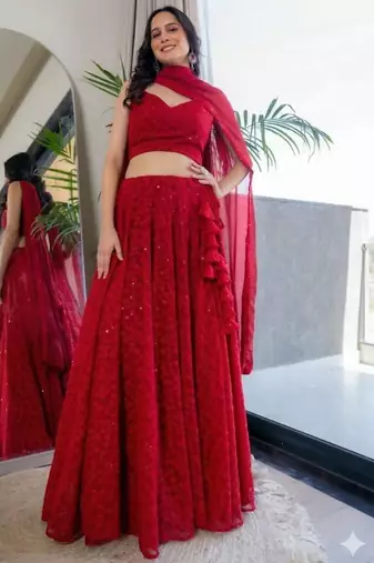 Red Georgette Chikankari Lehenga Blouse Duppatta Set