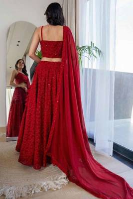 Red Georgette Chikankari Lehenga Blouse Duppatta Set 4
