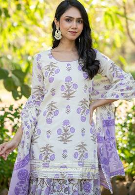 Purple Lace Work Cotton Lehenga Blouse Duppatta Set 2