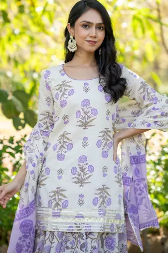Purple Lace Work Cotton Lehenga Blouse Duppatta Set