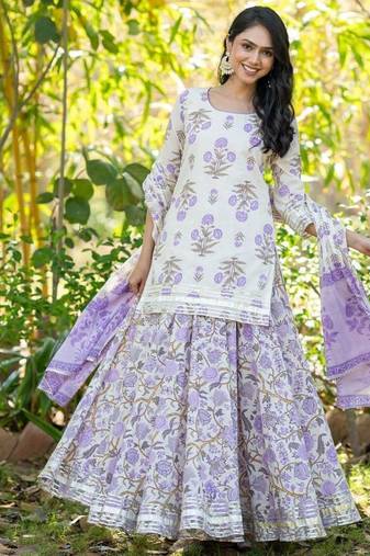 Purple Lace Work Cotton Lehenga Blouse Duppatta Set