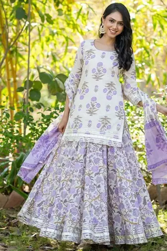 Purple Lace Work Cotton Lehenga Blouse Duppatta Set