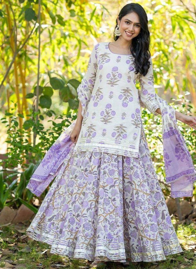 Purple Lace Work Cotton Lehenga Blouse Duppatta Set