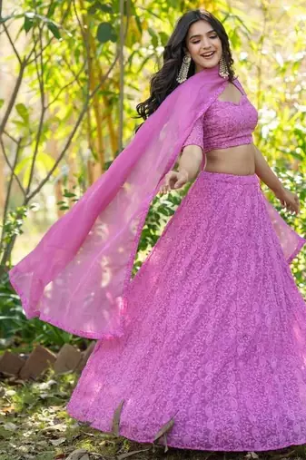 Pink Embroidered Georgette Lehenga Blouse Duppatta Set