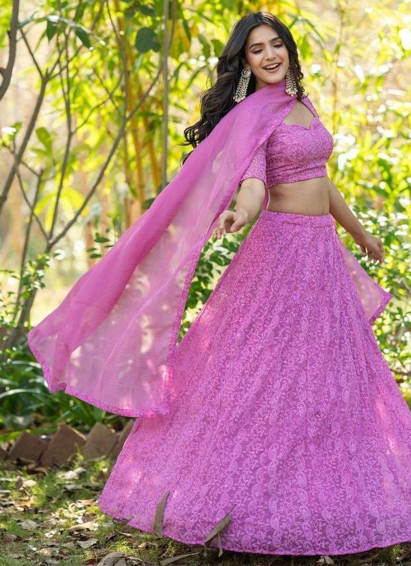 Pink Embroidered Georgette Lehenga Blouse Duppatta Set