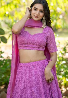Pink Embroidered Georgette Lehenga Blouse Duppatta Set 3