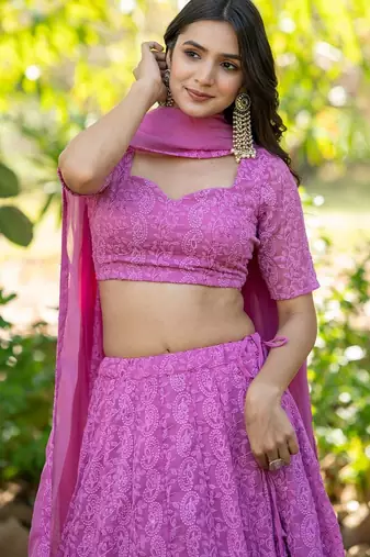 Pink Embroidered Georgette Lehenga Blouse Duppatta Set