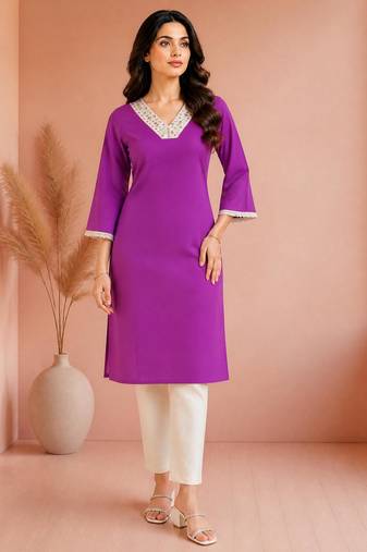 Purple cotton handwork kurta with pant