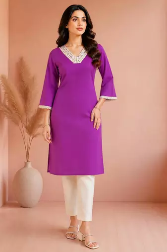 Purple cotton handwork kurta with pant