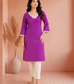 Purple cotton handwork kurta with pant