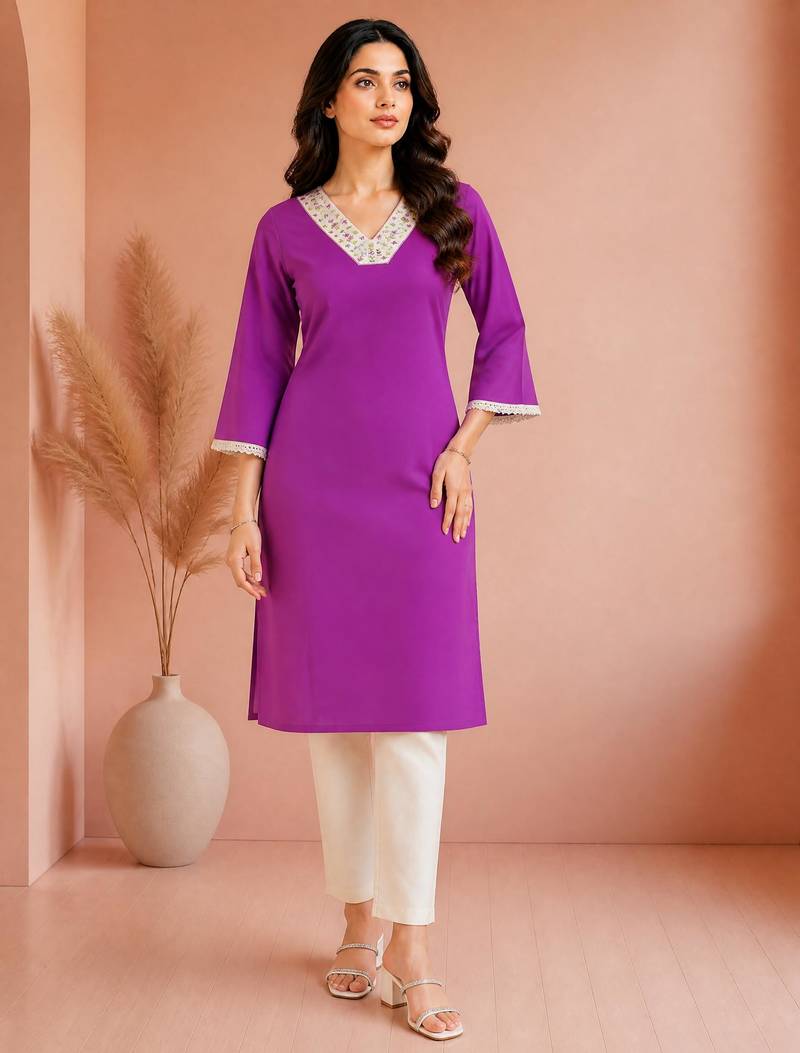 Purple cotton handwork kurta with pant