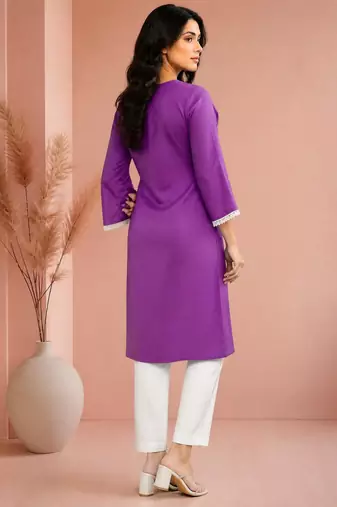 Purple cotton handwork kurta with pant