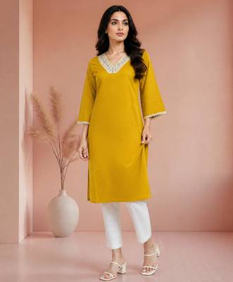 Mustard cotton handwork kurta with pant 1