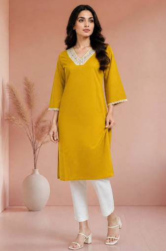 Mustard cotton handwork kurta with pant