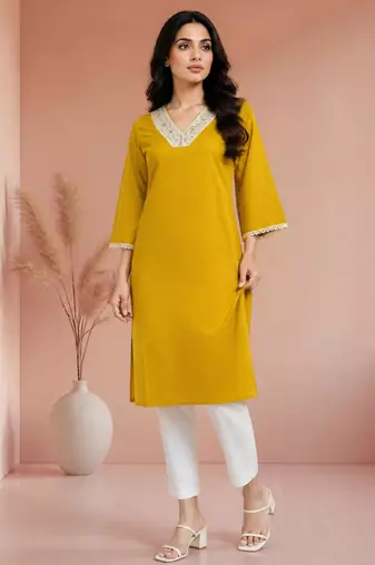 Mustard cotton handwork kurta with pant
