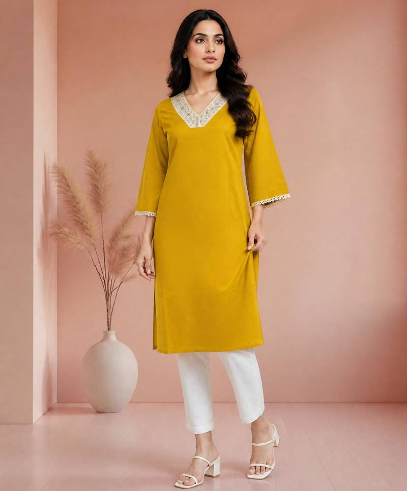 Mustard cotton handwork kurta with pant