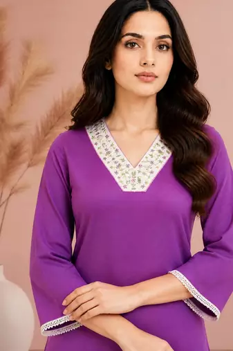 Purple cotton handwork kurta with pant