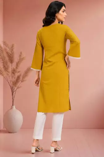 Mustard cotton handwork kurta with pant