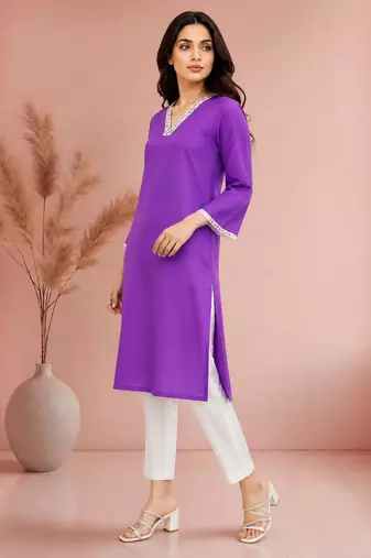 Purple cotton handwork kurta with pant