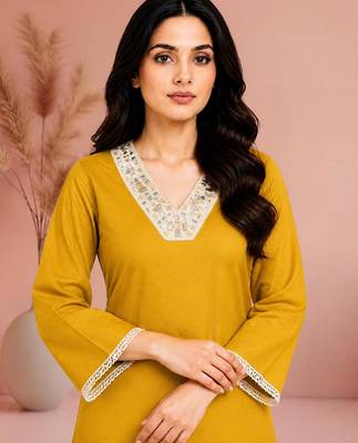 Mustard cotton handwork kurta with pant 3