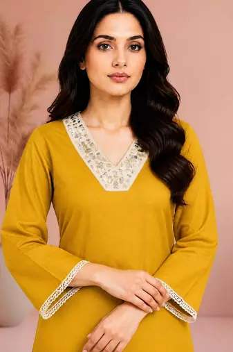 Mustard cotton handwork kurta with pant