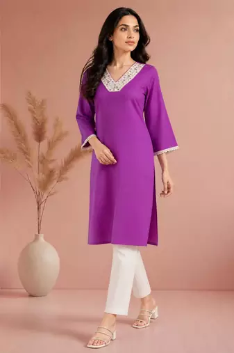 Purple cotton handwork kurta with pant