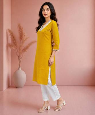Mustard cotton handwork kurta with pant 4