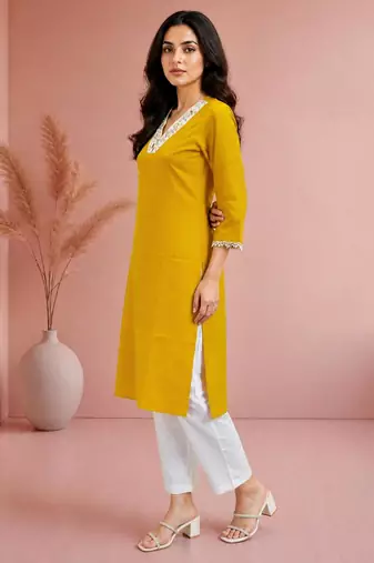 Mustard cotton handwork kurta with pant