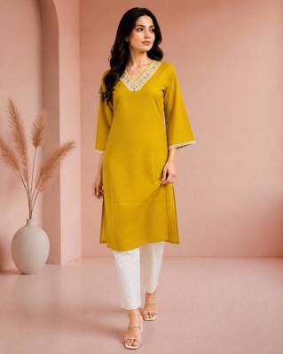 Mustard cotton handwork kurta with pant 5