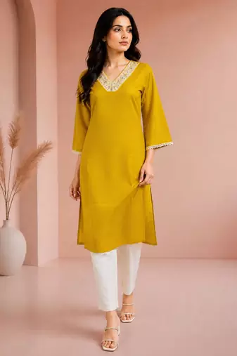 Mustard cotton handwork kurta with pant