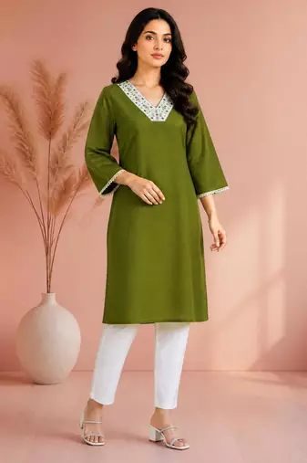 Mehndi cotton handwork kurta with pant
