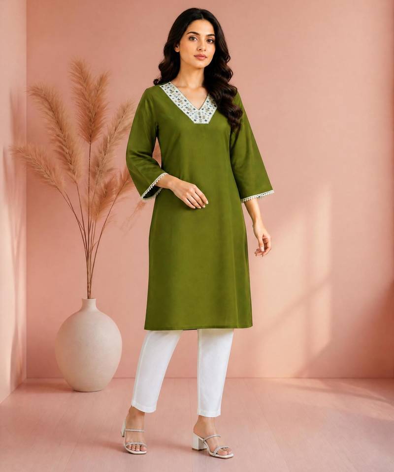 Mehndi cotton handwork kurta with pant