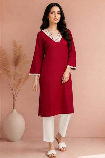 Maroon cotton handwork kurta with pant