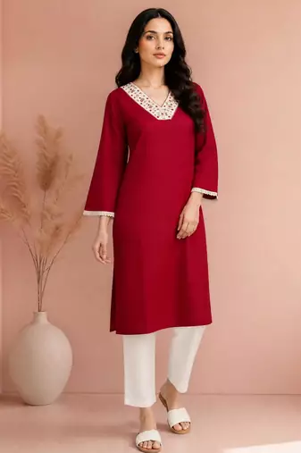 Maroon cotton handwork kurta with pant
