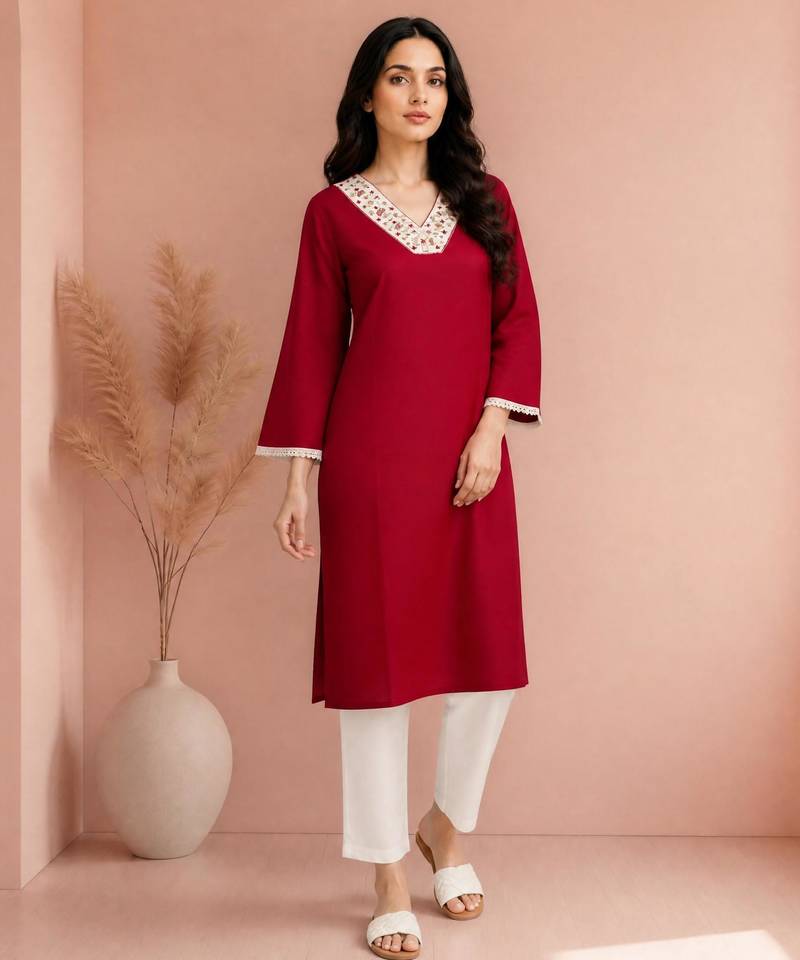 Maroon cotton handwork kurta with pant