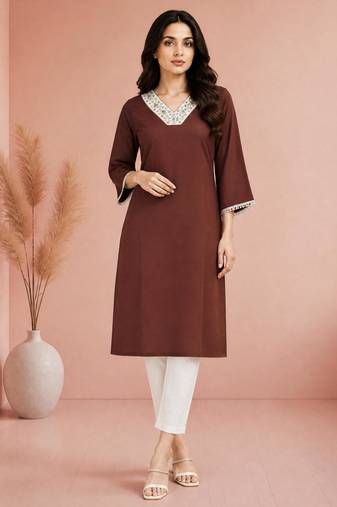 Brown cotton handwork kurta with pant