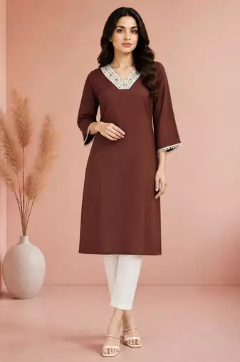 Brown cotton handwork kurta with pant