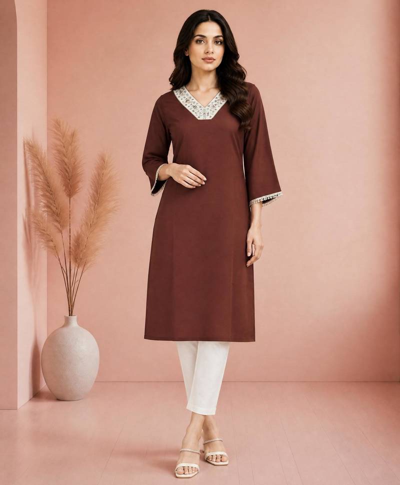 Brown cotton handwork kurta with pant