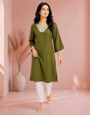 Mehndi cotton handwork kurta with pant 5