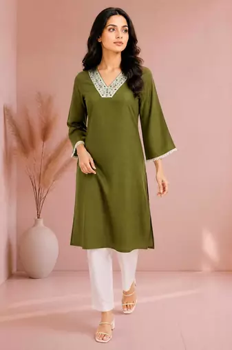 Mehndi cotton handwork kurta with pant