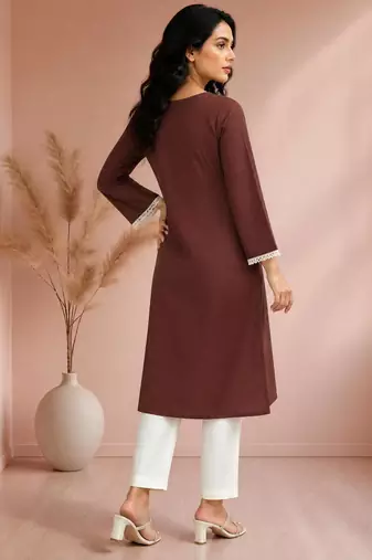 Brown cotton handwork kurta with pant