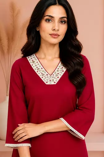 Maroon cotton handwork kurta with pant