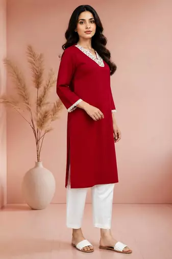 Maroon cotton handwork kurta with pant