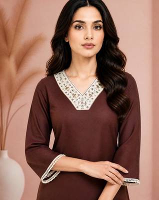 Brown cotton handwork kurta with pant 3