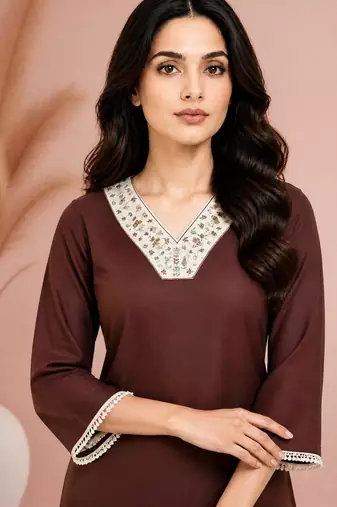 Brown cotton handwork kurta with pant