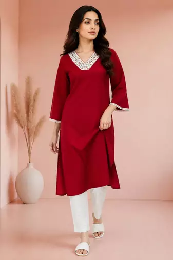 Maroon cotton handwork kurta with pant