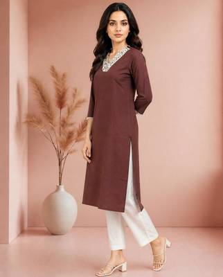 Brown cotton handwork kurta with pant 4