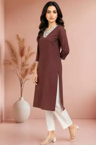 Brown cotton handwork kurta with pant