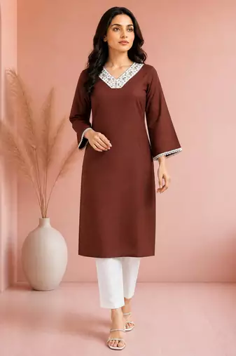 Brown cotton handwork kurta with pant